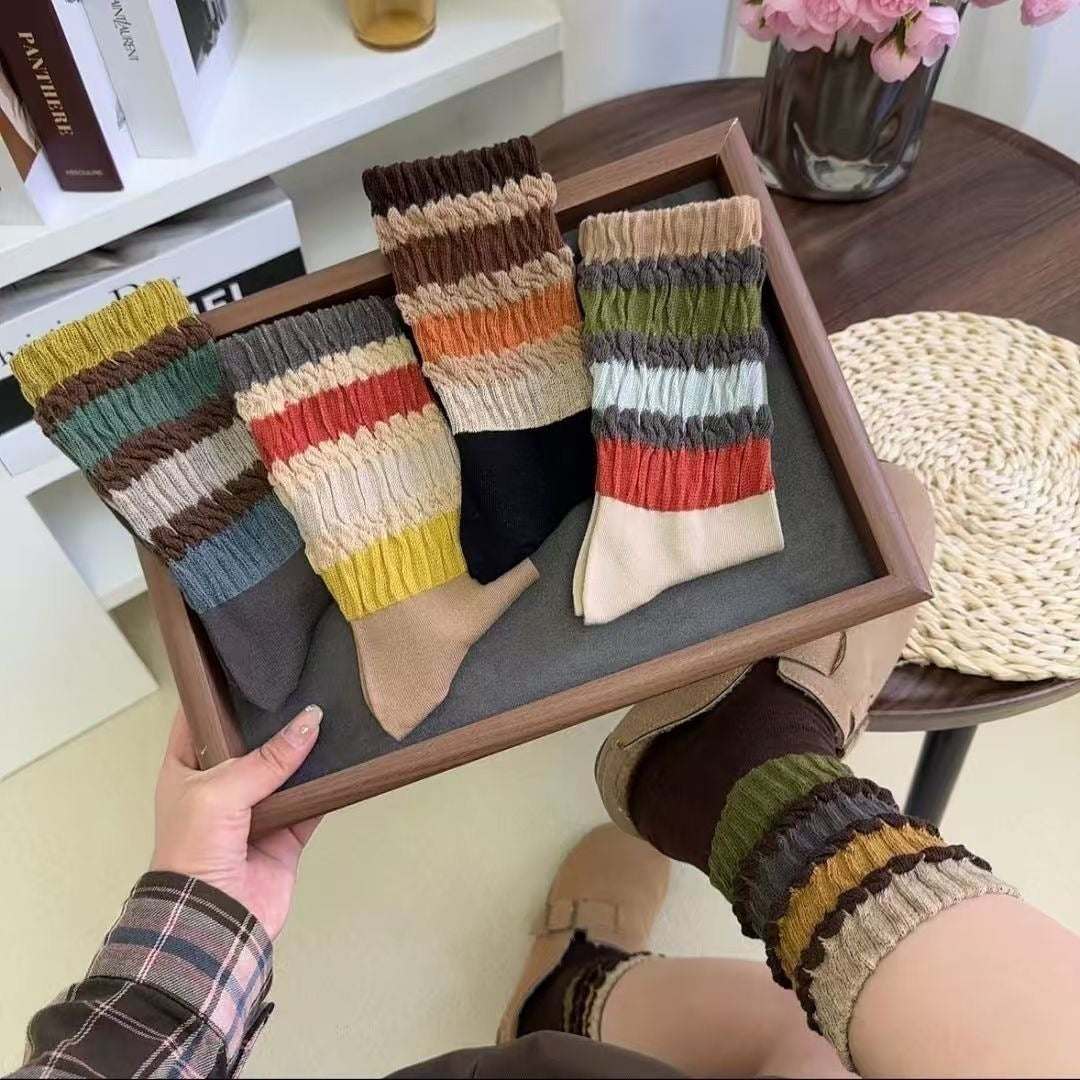 Vintage Striped Cozy Slouch Crew Socks | Loose No-Bind For Women