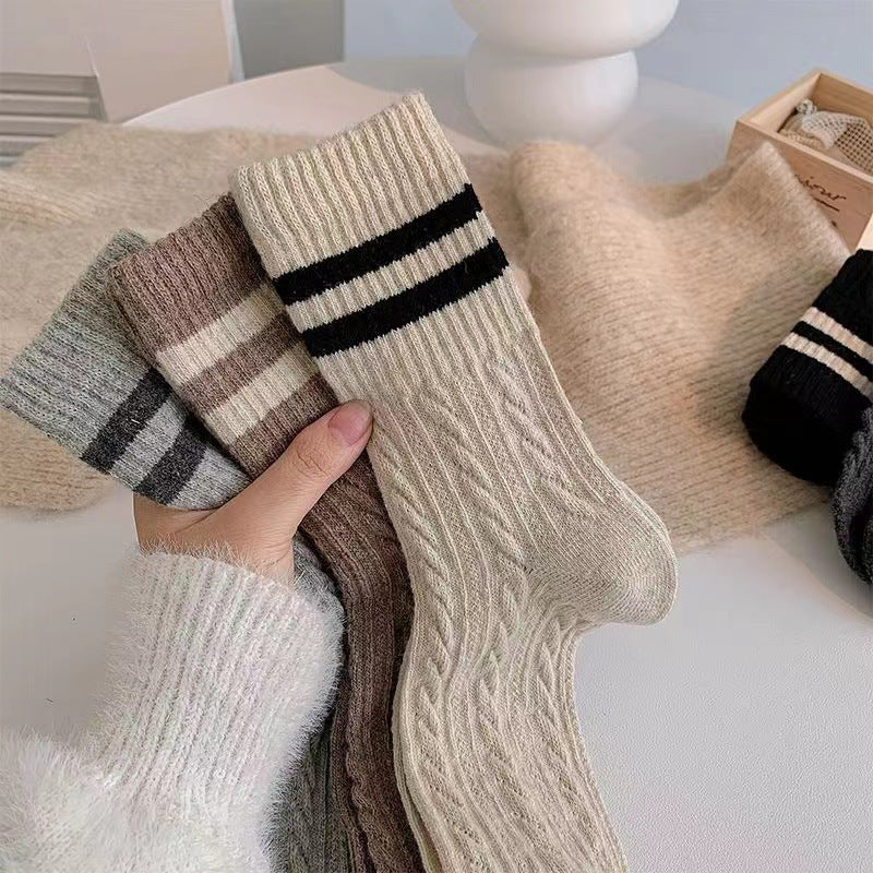 Cable Knit Two-Stripe Cozy Crew Socks for Women