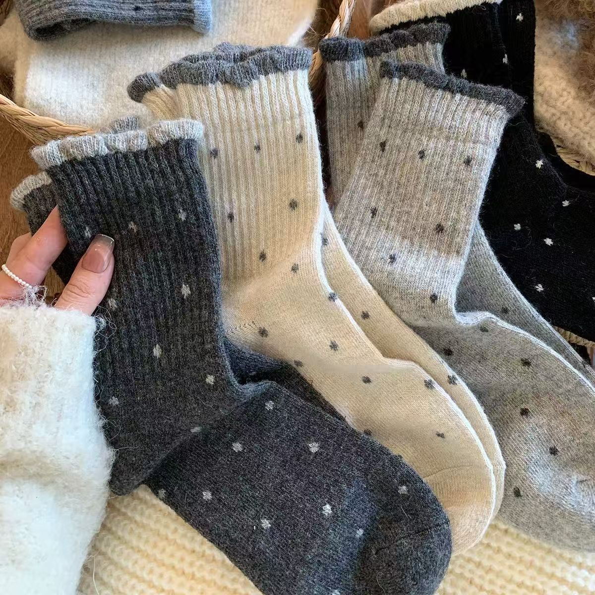 Warm Cozy Polka Dot Crew Socks for Women | Ruffled Winter Socks