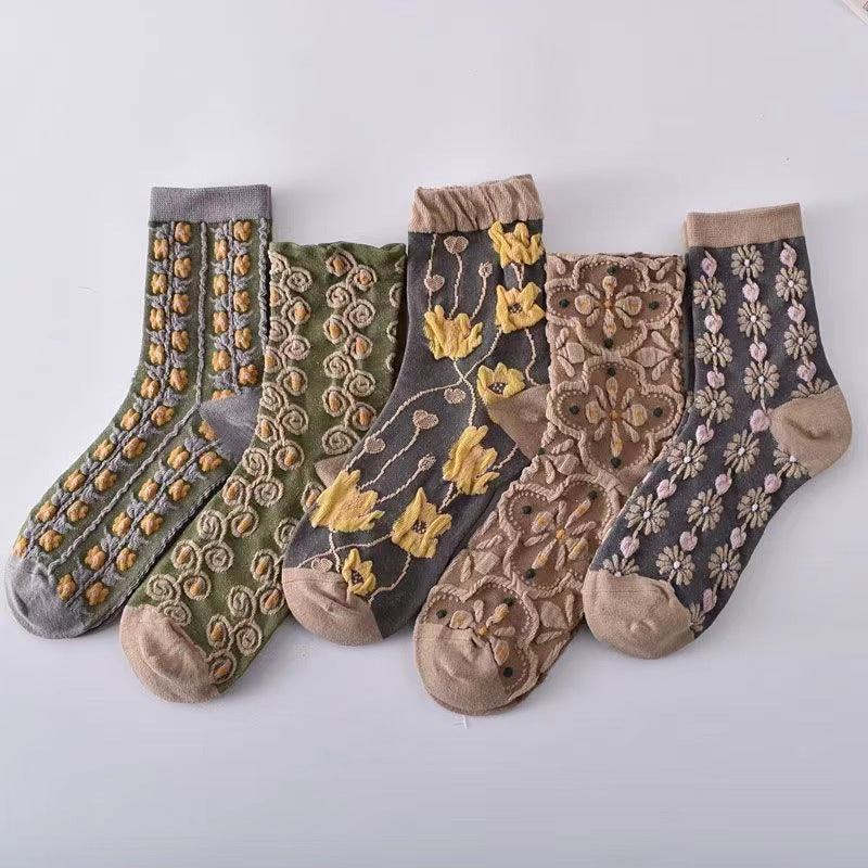 Vintage Floral Crew Socks for Women | Textured Retro Cotton Socks