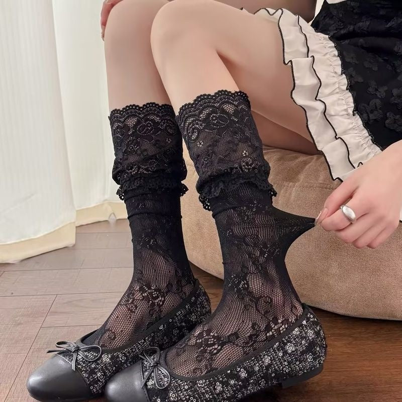 Lace Ruffle Mid Calf Socks | Sheer Kawaii Socks for Women