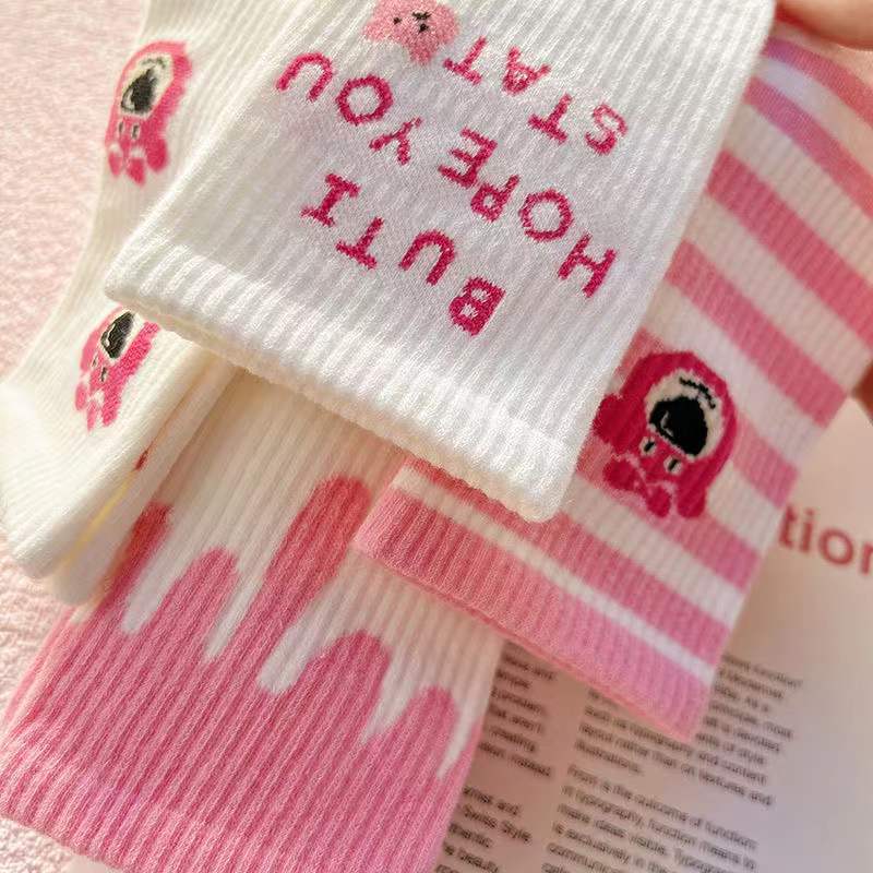 Cute Pink Strawberry Bear Crew Socks for Women
