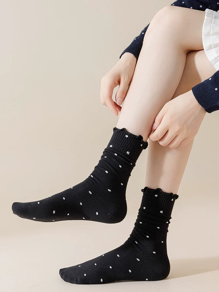 Ruffled Polka Dot Cotton Crew Socks for Women