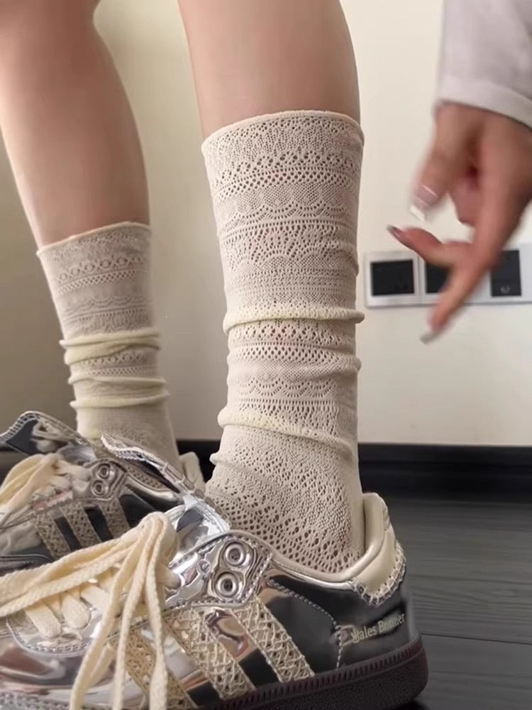 Lace Slouch Crew Socks | Breathable Mesh Ballet Socks for Women
