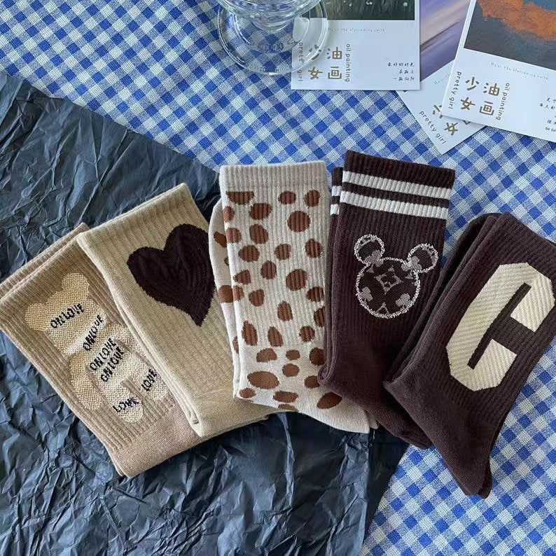 Cute Brown Patterned Crew Socks for Women | Soft Cotton