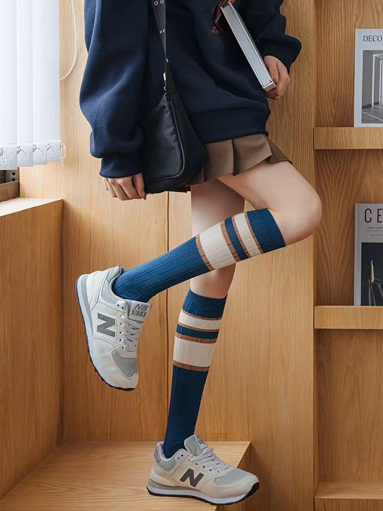 Blue Striped Calf High Socks | Preppy JK Style Women's Socks