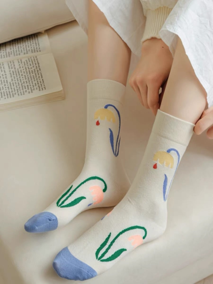 Cute Cream Novelty Crew Socks for Women | Casual Patterned Socks