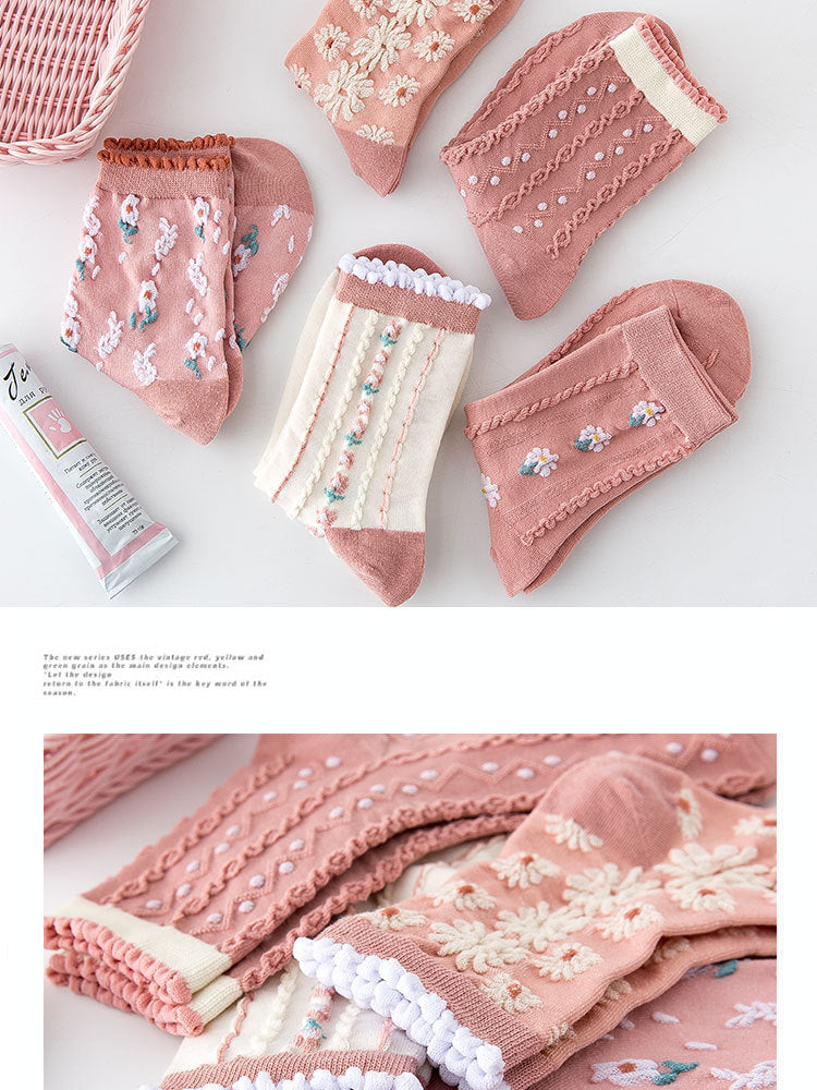 Women's Floral Pink Crew Socks | Cotton Textured Patterned Socks
