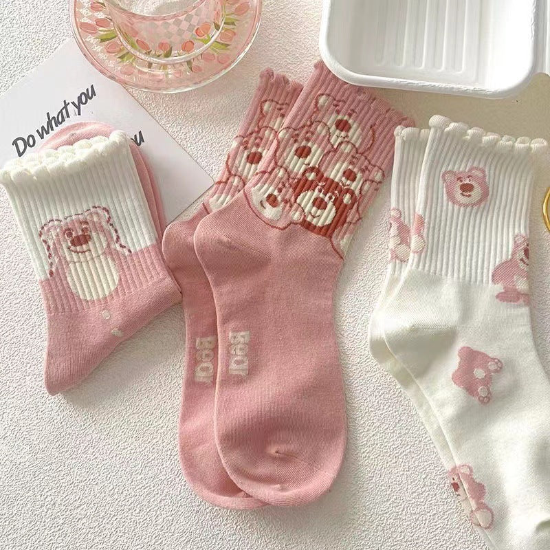 Cute Novelty Crew Socks for Women | Pink Cartoon Cotton Socks