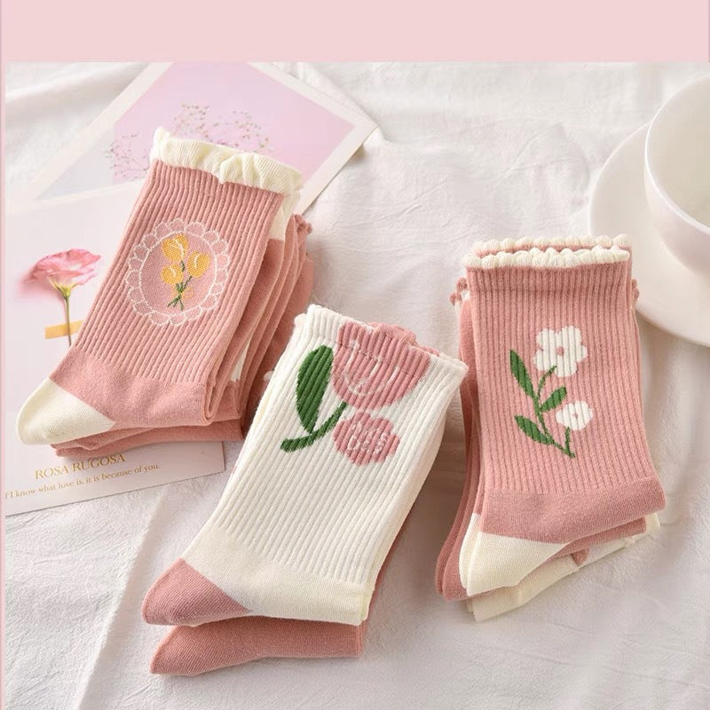 Cute Pink Floral Crew Socks for Women | Soft Cotton Patterned Socks