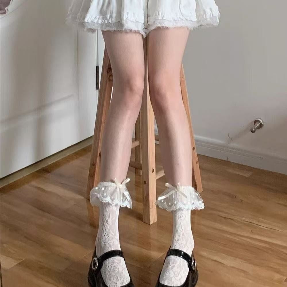 Women's Lace Crew Socks | Breathable Bow Ruffled Mid-Calf Socks
