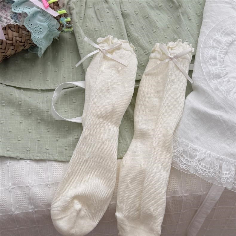 Ruffled Polka Dot Crew Socks for Women | Breathable Bow Socks