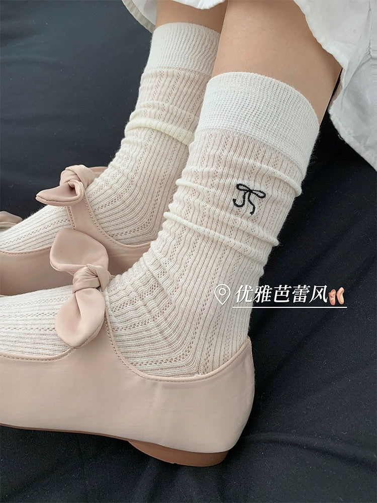 Thin Summer Ballet Bow Cotton Crew Socks for Women