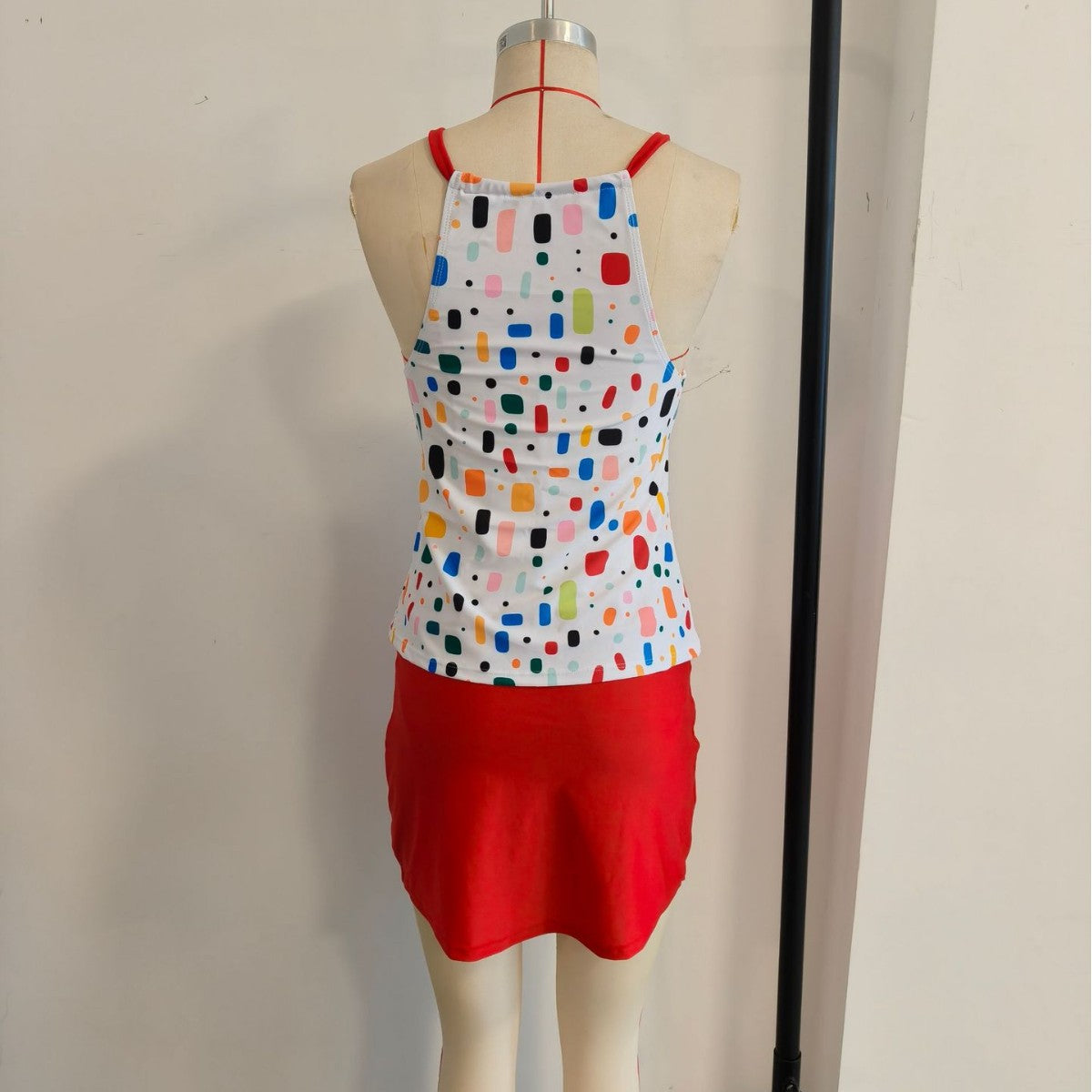Polka Dot Halter Contrast Two-Piece Skirted Women's Swimwear