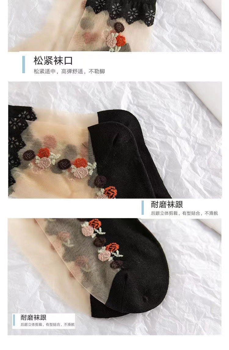 Floral Sheer Crew Socks for Women | Breathable Cotton Sole Summer Socks