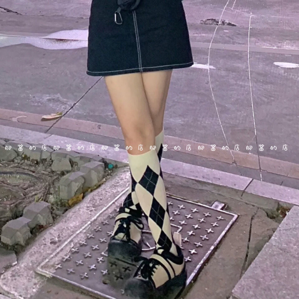 Argyle Patterned Calf Socks for Women | Preppy Cotton Socks