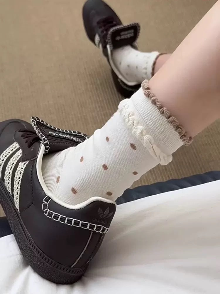Polka Dot Cotton Crew Socks for Women | Ruffled Lace Trim