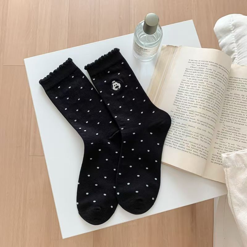 Cute Embroidered Dog Polka Dot Crew Socks for Women