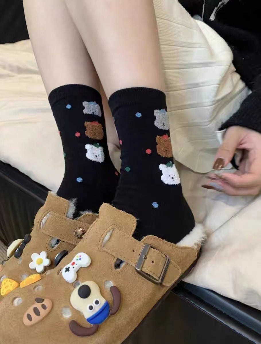 Cute Cotton Polka Dot Bear Crew Socks for Women