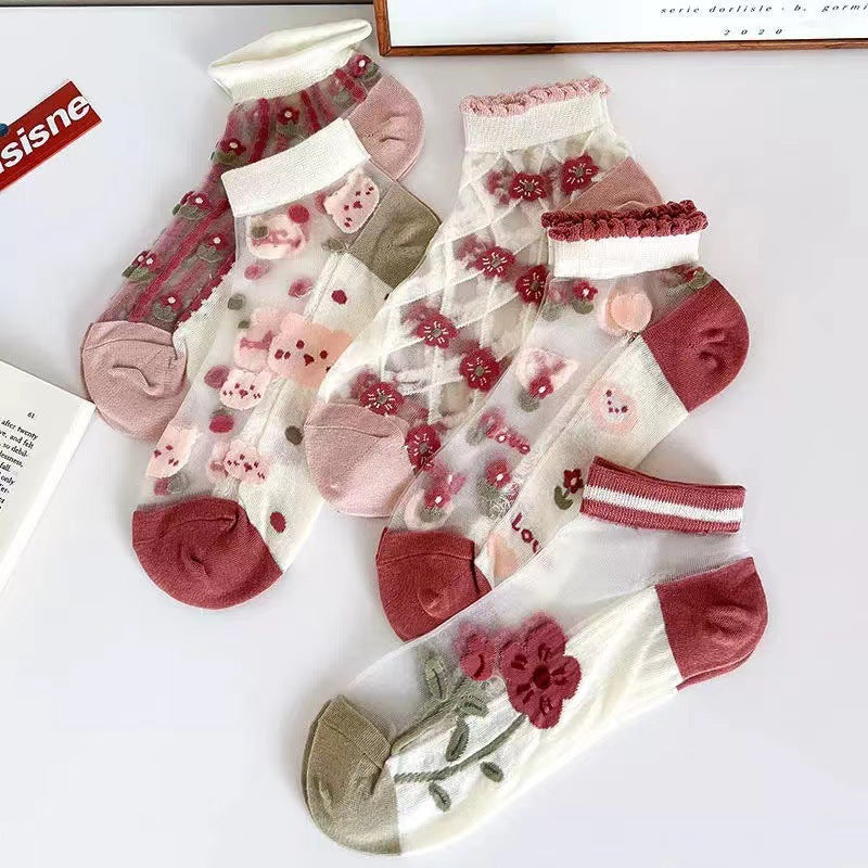 Sheer Floral Ankle Socks for Women | Breathable Thin Summer Socks