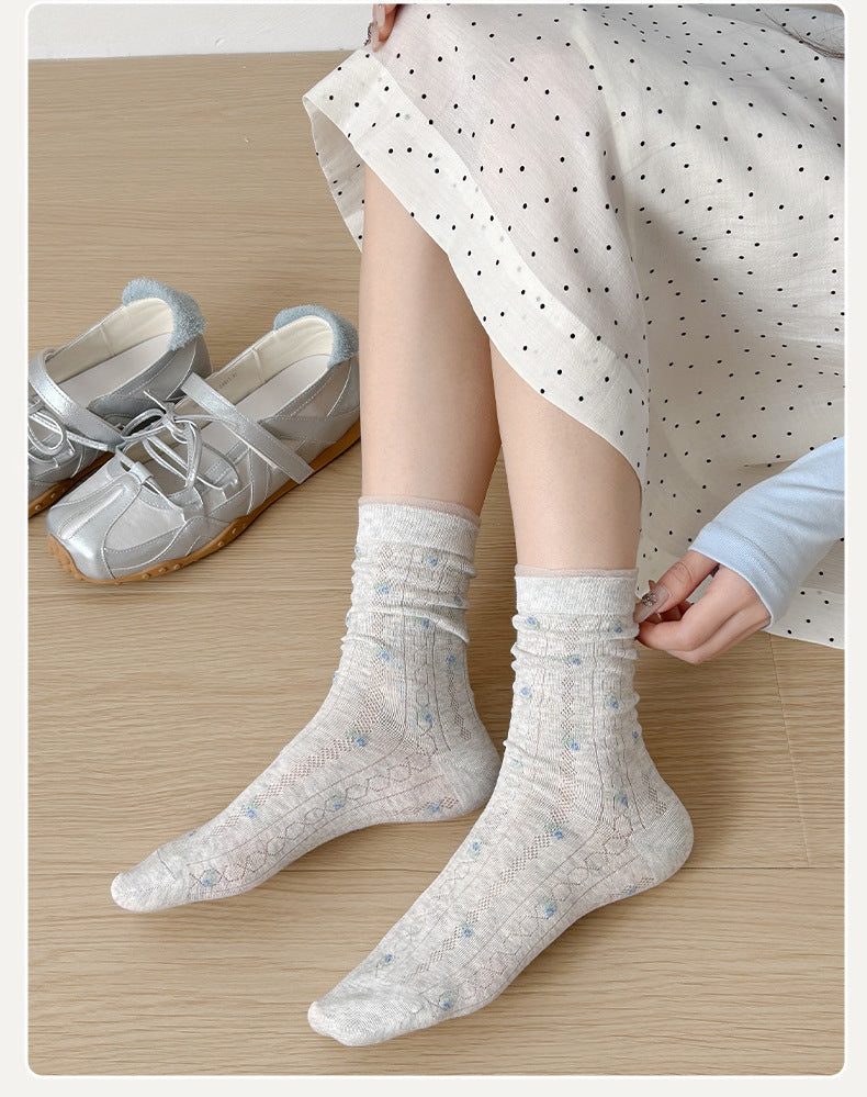 Floral Mesh Cotton Crew Socks for Women | Breathable Spring Summer