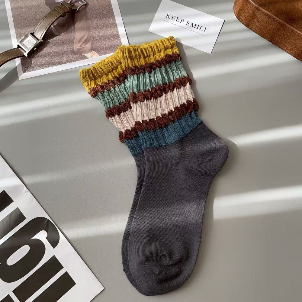 Vintage Striped Cozy Slouch Crew Socks | Loose No-Bind For Women