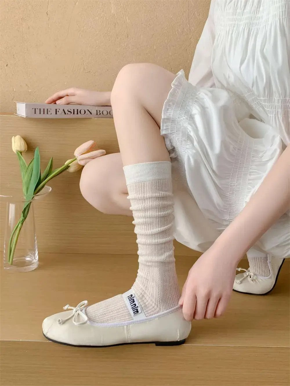 Breathable Mesh Calf Crew Socks | Ballet Miu Style Summer Socks for Women