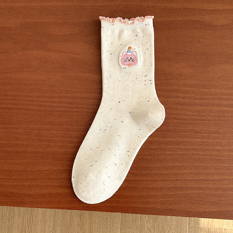 Cute Embroidered Cotton Crew Socks for Women | Ruffled Casual Socks