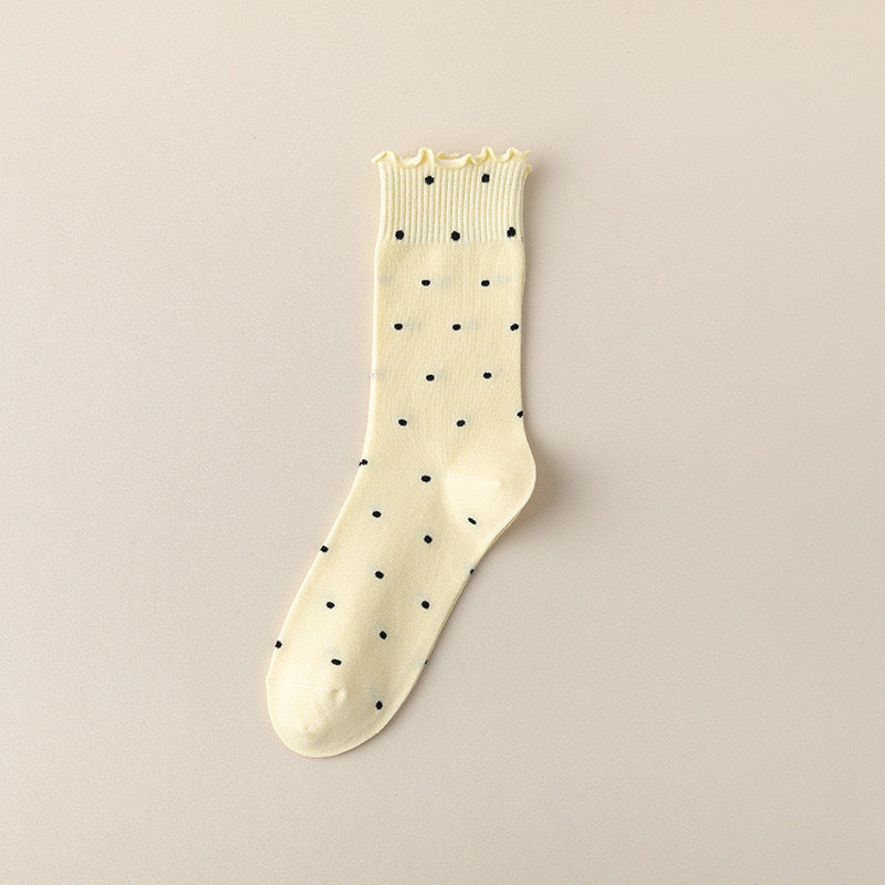 Ruffled Polka Dot Cotton Crew Socks for Women