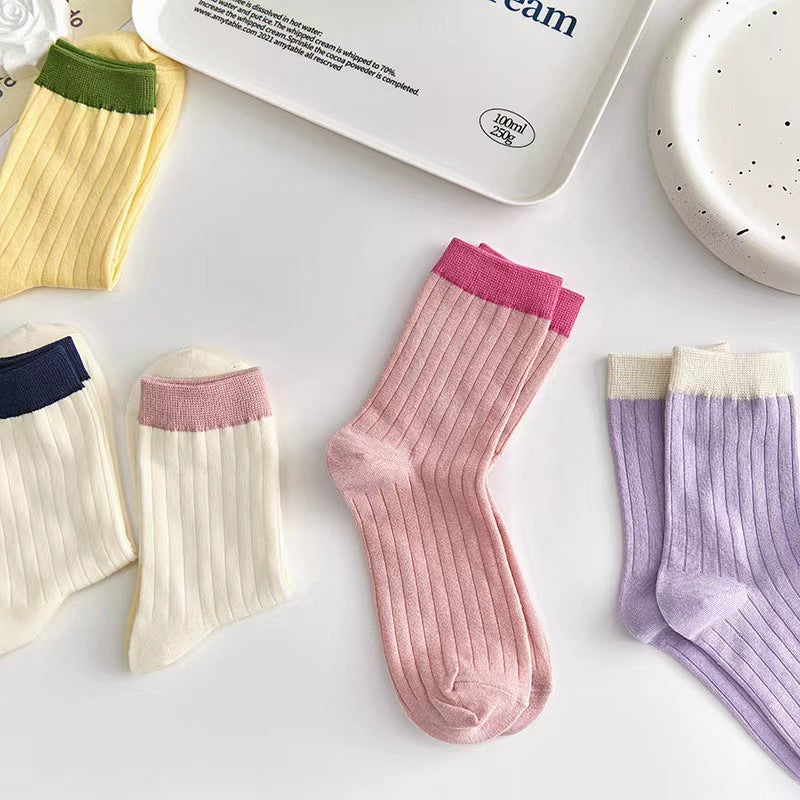 Contrast Cuff Crew Socks for Women | Lightweight Striped Cotton Socks