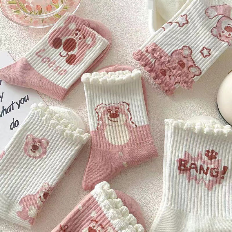 Cute Novelty Crew Socks for Women | Pink Cartoon Cotton Socks