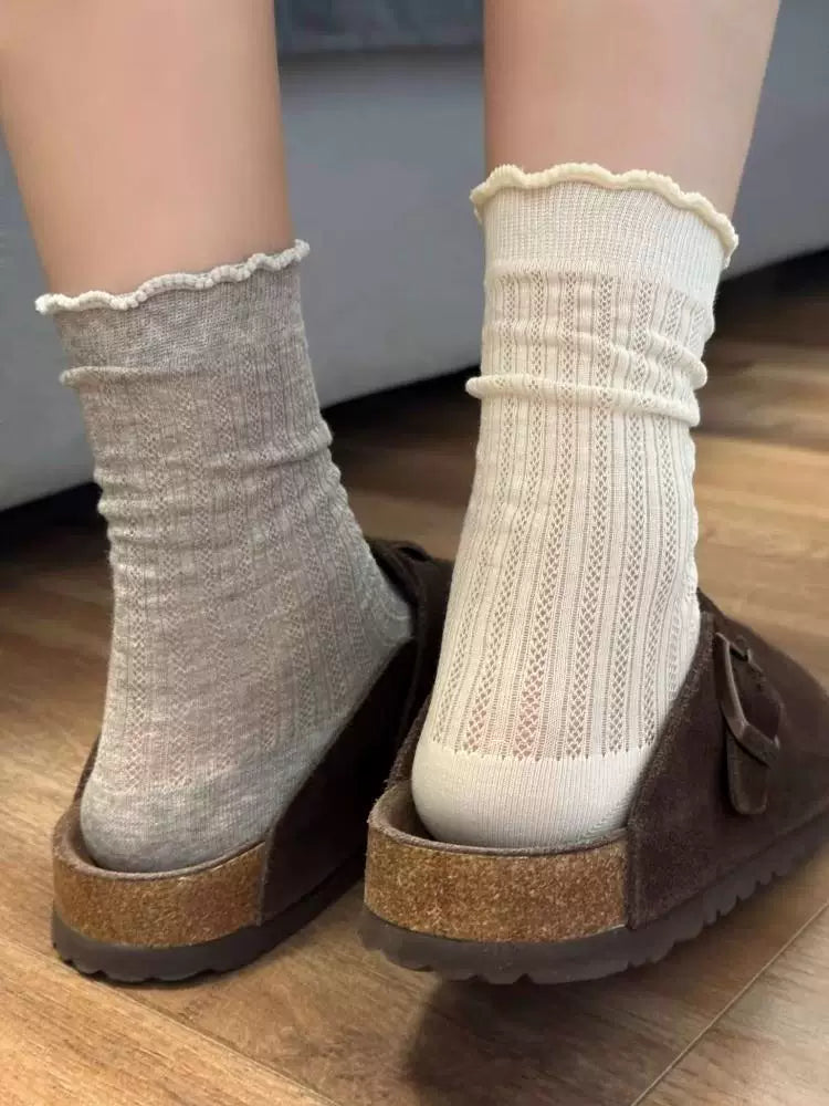 Ruffled Ballet Mesh Crew Socks for Women | Breathable Summer Socks