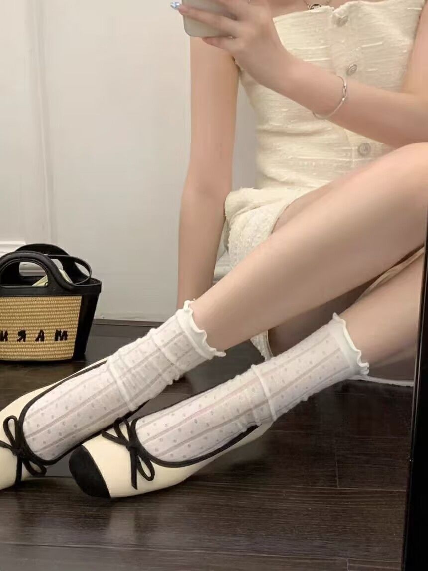 Ruffled Edge Crew Socks | Polka Dot Women's Mid Calf Socks