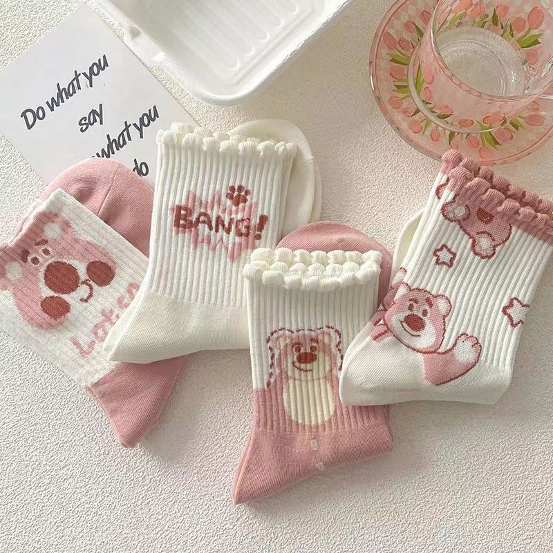 Cute Novelty Crew Socks for Women | Pink Cartoon Cotton Socks