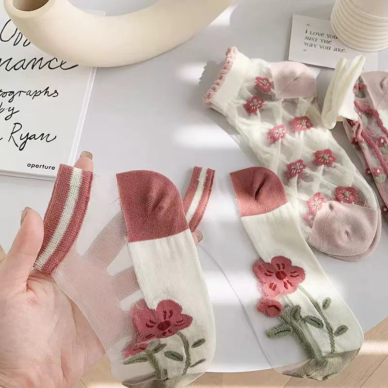 Sheer Floral Ankle Socks for Women | Breathable Thin Summer Socks