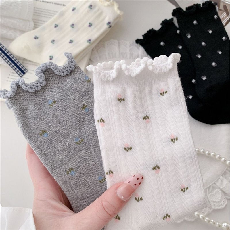 Floral Ruffle Crew Socks for Women | Thin Breathable Spring Socks