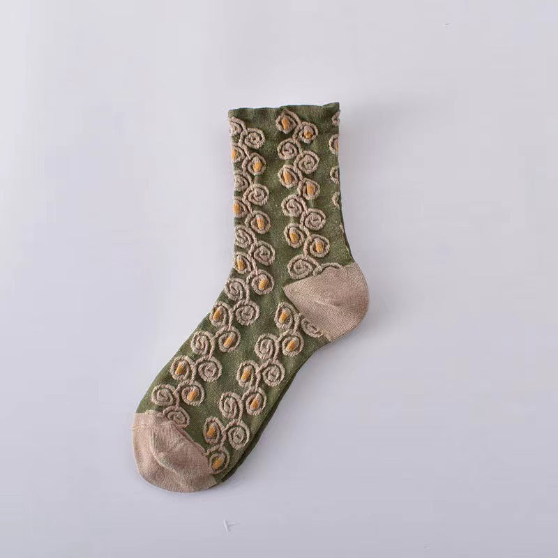 Vintage Floral Crew Socks for Women | Textured Retro Cotton Socks