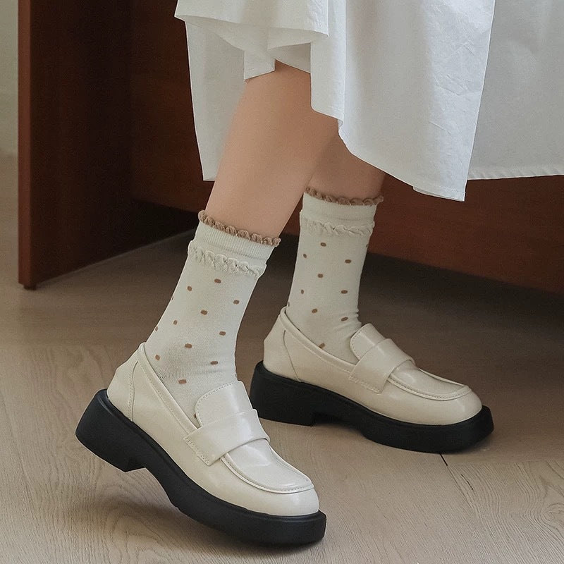Polka Dot Cotton Crew Socks for Women | Ruffled Lace Trim