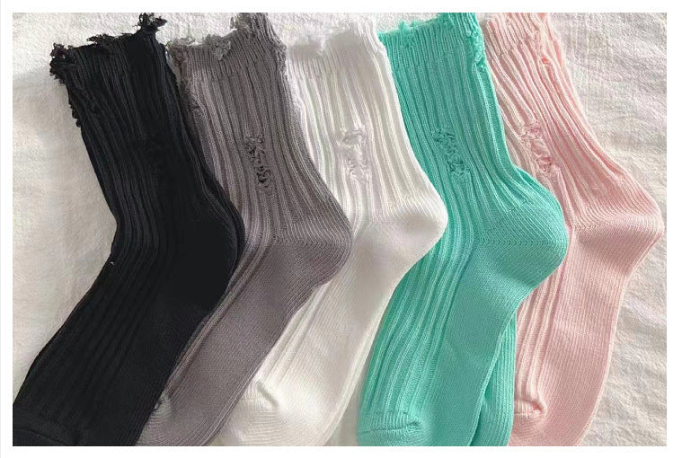 Distressed Ripped Crew Socks | Trendy Cotton Casual Everyday Socks