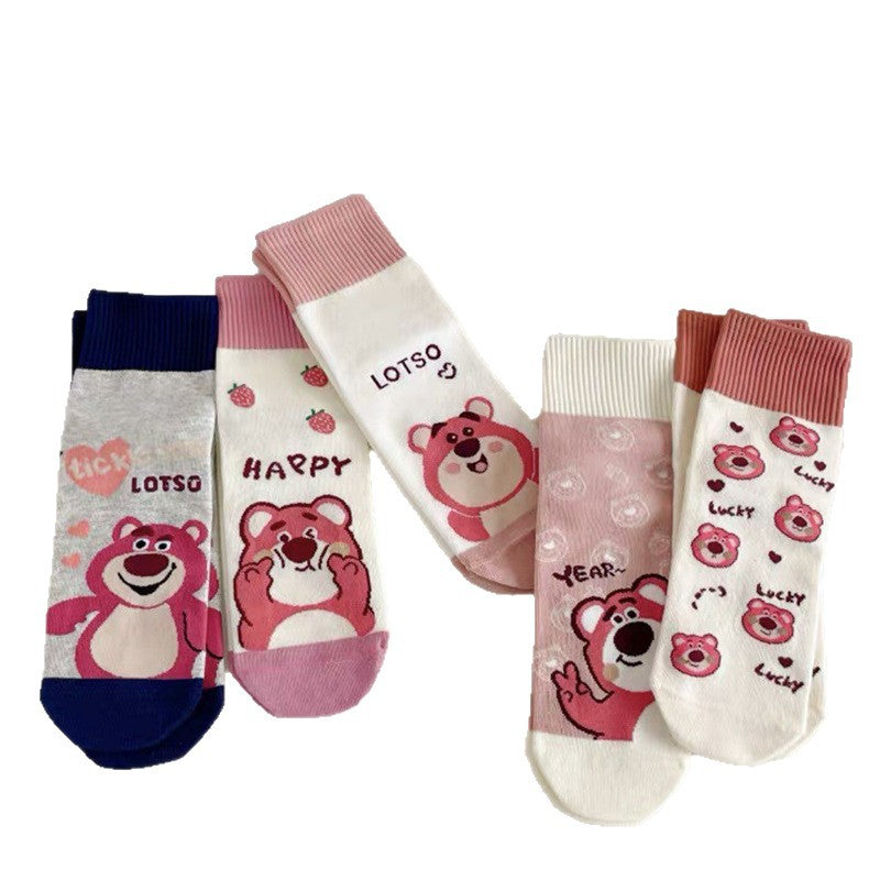 Cute Cotton Novelty Crew Socks | Strawberry Bear Print for Women