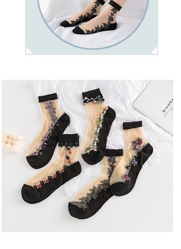 Floral Sheer Crew Socks for Women | Breathable Cotton Sole Summer Socks