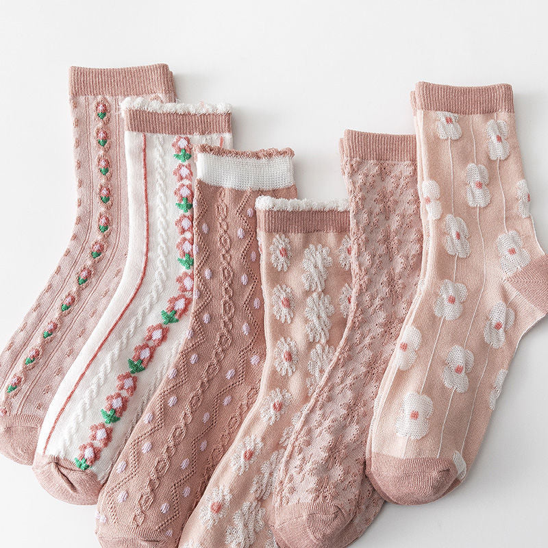 Women's Floral Pink Crew Socks | Cotton Textured Patterned Socks