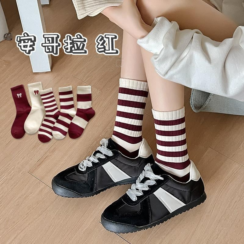Women's Burgundy Striped Crew Socks | Soft Cotton Casual Socks