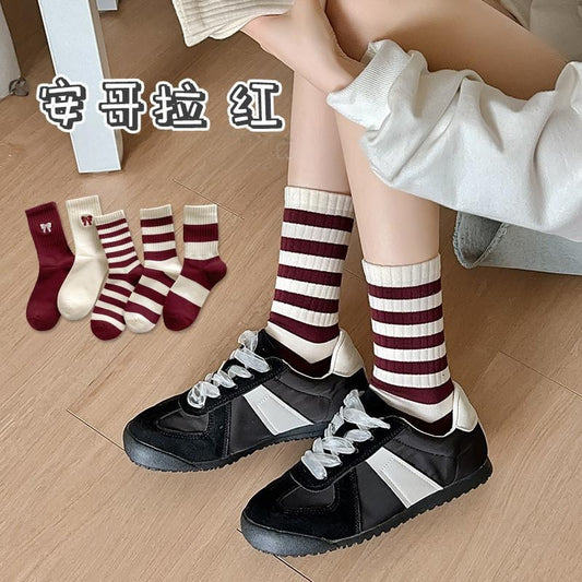 Women's Burgundy Striped Crew Socks | Soft Cotton Casual Socks
