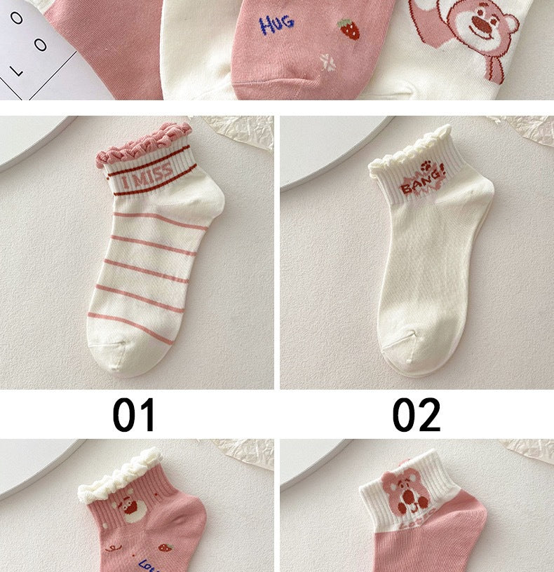 Cute Ruffled Ankle Socks for Women | Pink Strawberry Bear Cotton Socks