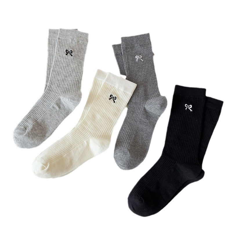 Embroidered Bow Cotton Crew Socks for Women | Casual Everyday Socks