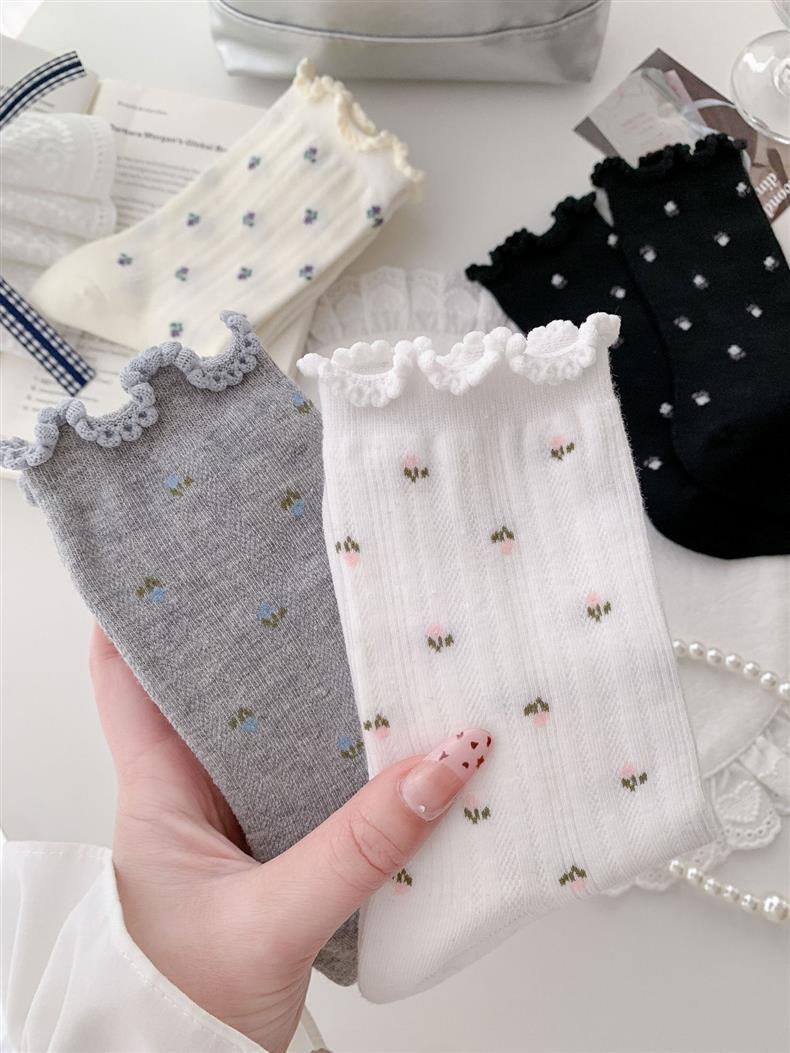 Floral Ruffle Crew Socks for Women | Thin Breathable Spring Socks