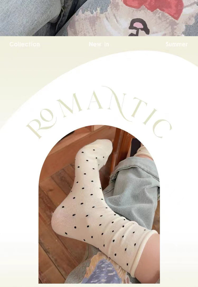 Polka Dot Cotton Crew Socks | Women's Rolled Edge Mid Calf Socks
