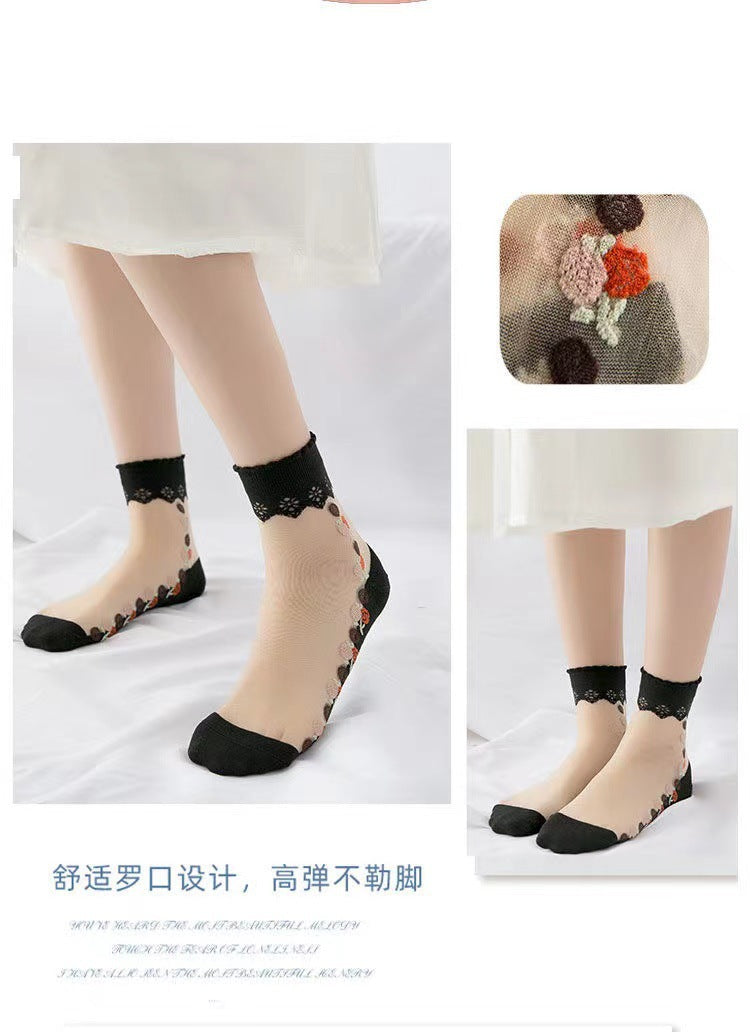 Floral Sheer Crew Socks for Women | Breathable Cotton Sole Summer Socks