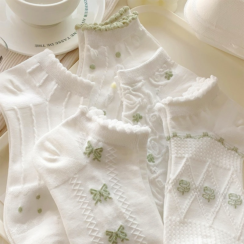 Cute Ruffled Ankle Socks for Women | Fresh White Green Cotton Socks